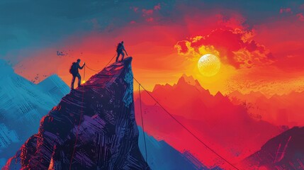 Silhouette traveling people. Climbing on mountain. illustration hiking and climbing team style oil painting on canvas - obrazy, fototapety, plakaty