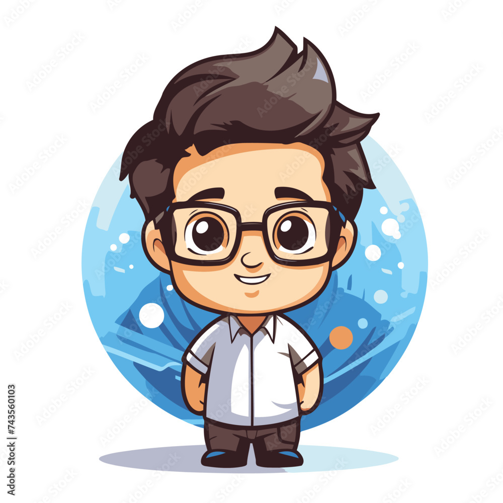 Sticker cute boy with glasses and blue background. vector cartoon illustration.