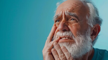 An elderly man with a full white beard grimaces in discomfort, hand to cheek, against a cool blue background, evoking empathy and the stark reality of aging - obrazy, fototapety, plakaty