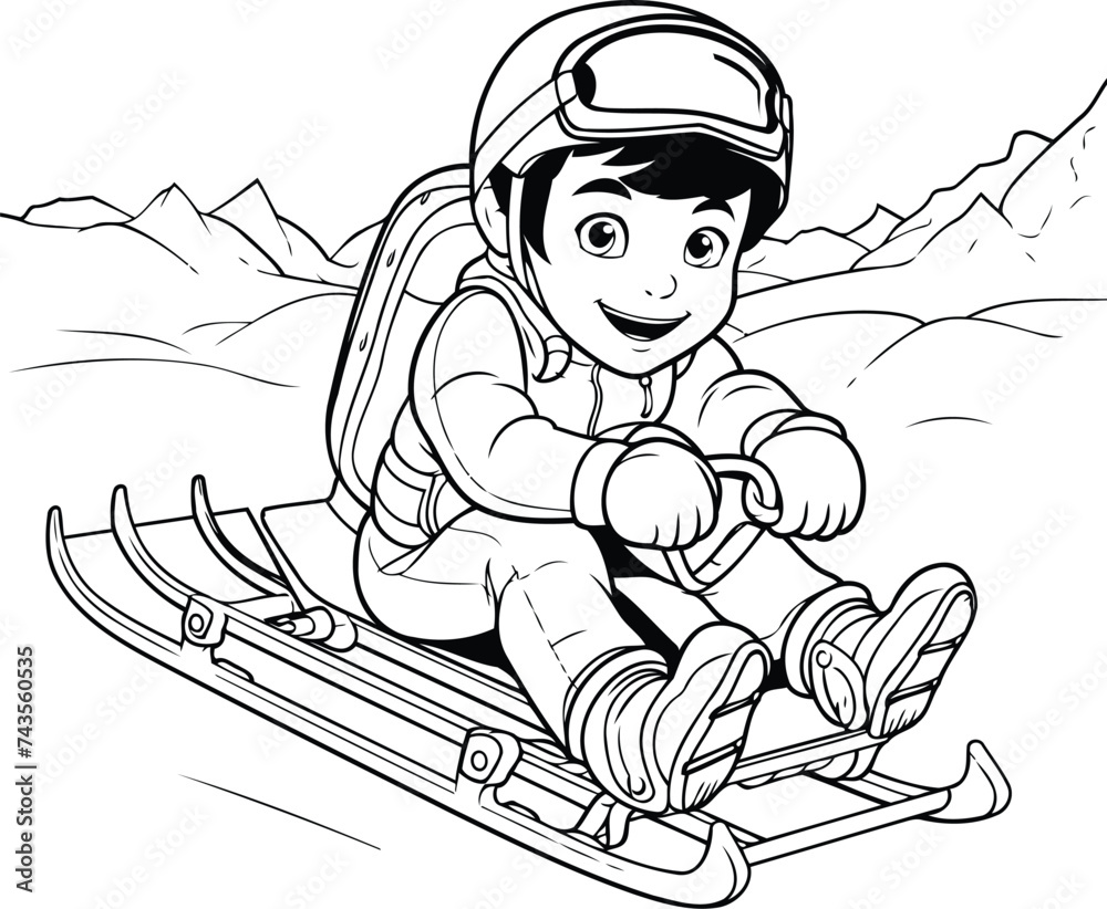 Poster Little boy sliding down a hill on a sled. black and white vector illustration