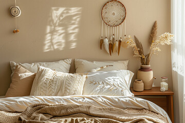 Bedroom interior in light beige colors with dream catcher