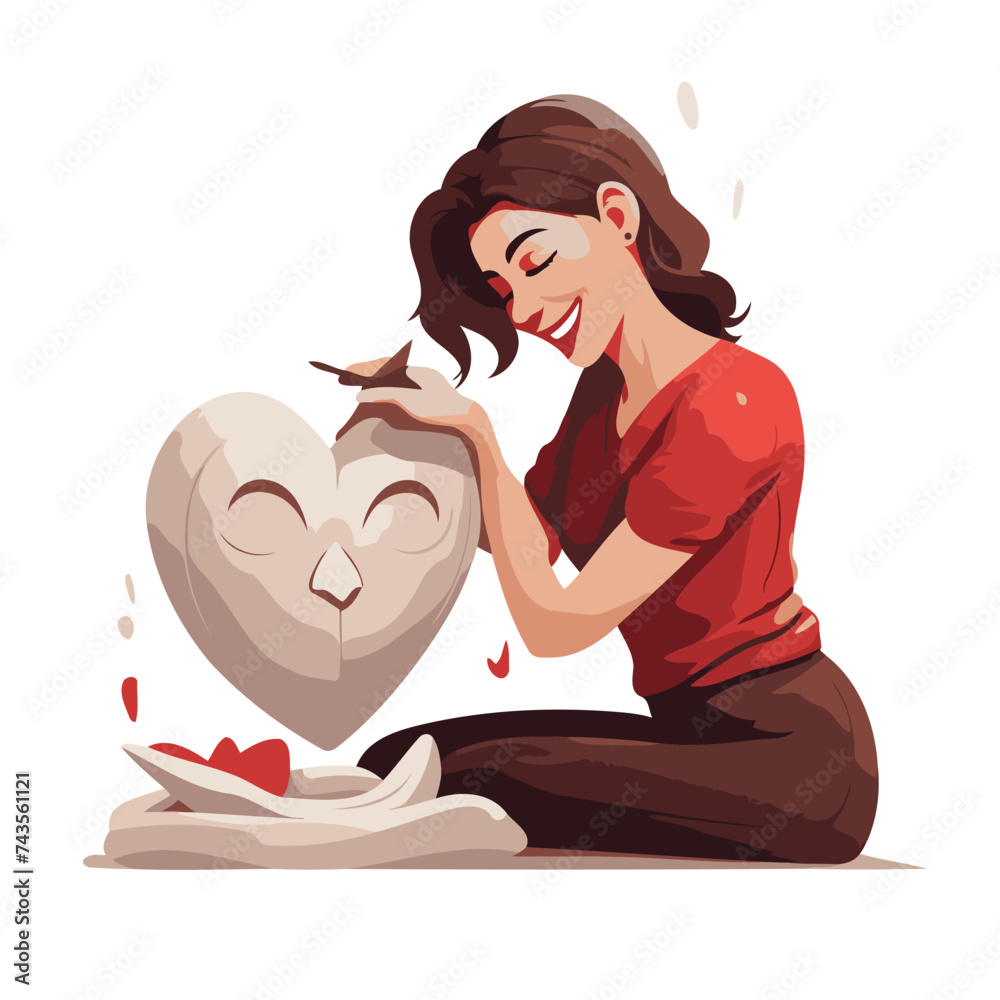 Wall mural Beautiful young woman painting a heart. Vector illustration in cartoon style