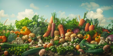 abundant array of fresh vegetables sprawls across fertile earth under a bright sky, showcasing nature's variety from crunchy carrots to plump tomatoes, signaling a feast of flavors and nutrients. - obrazy, fototapety, plakaty
