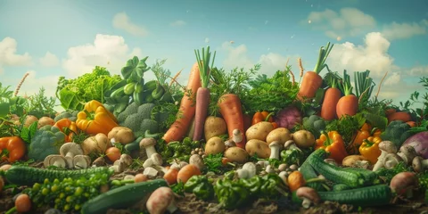 Foto op Plexiglas abundant array of fresh vegetables sprawls across fertile earth under a bright sky, showcasing nature's variety from crunchy carrots to plump tomatoes, signaling a feast of flavors and nutrients. © Amonthep