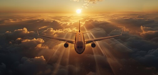 commercial airplane lifts off from the runway, bathed in the warm glow of sunset. The golden hour light reflects off the wet tarmac, symbolizing travel and new beginnings. - obrazy, fototapety, plakaty