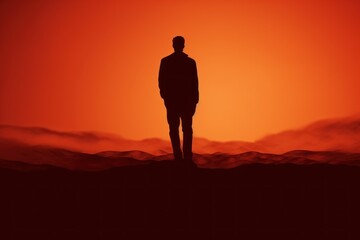 Silence, thinking, dawn, loneliness, solitary sunrise solitude, alone dawn silence, red morning stillness, lonely daybreak tranquility, single person silhouette, contemplation, generative AI, JPG