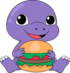 cute sticker cartoon doodle illustration, a purple dinosaur is sitting hugging a big burger