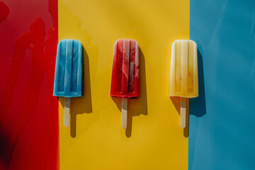 popsicles in primary colors red, blue and yellow. Red yellow and blue ice pops. Overhead view of popsicles on red yellow blue table. Flavored Ice. A variety of ice pops. Homemade Popsicles. Summer