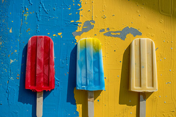 popsicles in primary colors red, blue and yellow. Red yellow and blue ice pops. Overhead view of popsicles on yellow blue table. Flavored Ice. A variety of ice pops. Homemade Popsicles. Summer