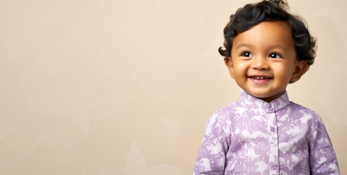 1,5-year-old Indonesian toddler boy in batik against a light lavender pastel solid background, copy space