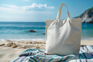 Blank white cotton tote bag shopper mock-up on the beach blanket close-up, blue sea background with copy space for text. Customizable template for sustainable fashion, Summer vacation shopping