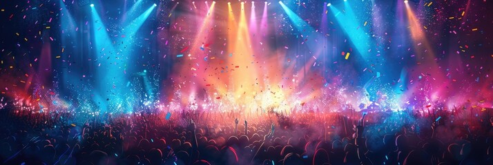 Concertgoers with confetti and vivid stage lights. Generative Ai.