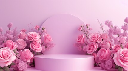A product display podium stage featuring a pink background adorned with pink flowers - obrazy, fototapety, plakaty
