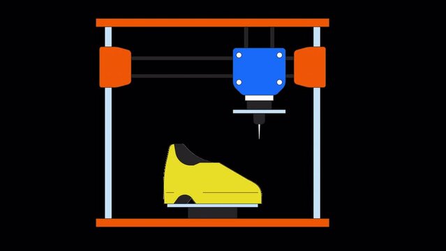 Footwear shoes on 3d printer line 2D object animation. Technology three-dimensional printing flat color cartoon 4K video, alpha channel. Additive manufacturing device animated item on transparent