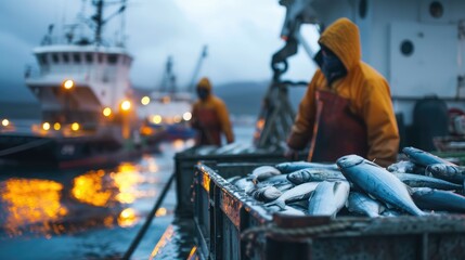 Fisherman unloading catch of fresh tuna fish from a trawler in the port  - obrazy, fototapety, plakaty