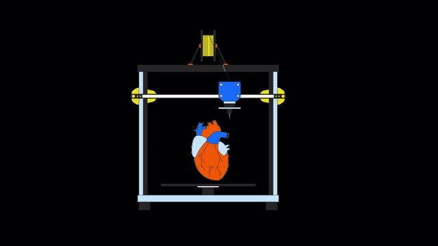 Artificial heart on 3d printer line 2D object animation. Technology three-dimensional printing flat color cartoon 4K video, alpha channel. Additive manufacturing device animated item on transparent