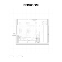 Architectural Drawings, bedroom plan vector interior illustration furnitures, top view, side, Minimal style hand drawn, set elements for architecture and design. Sections, Elevations, Floor Plans.