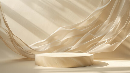 Round beige podium with a flowing transparent fabric behind, luxury product display background with sunlight and shadows.