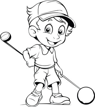 recommend clip art: Little boy playing golf - black and white vector illustration for coloring book