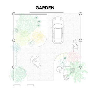 Architectural Drawings, garden vector outdoor illustration furnitures, top view, side, Minimal style hand drawn, set elements for architecture and design. Sections, Elevations, Floor Plans.