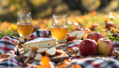 An inviting autumn picnic scene emerges with a bottle of cider - assorted cheeses - and apples...