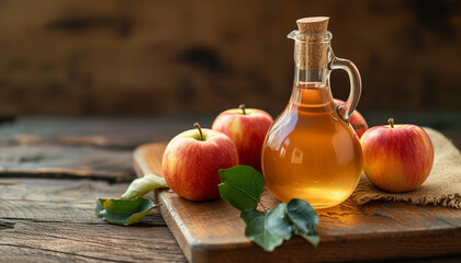 Apple cider vinegar and mother culture on wooden countertop with apples - wide format