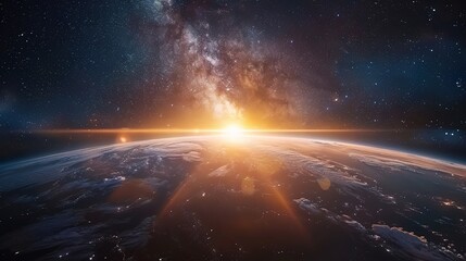 Landscape with Milky way galaxy. Sunrise and Earth view from space with Milky way galaxy
