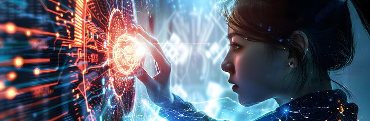 Woman with a futuristic interface. Human machine interaction with hologram.