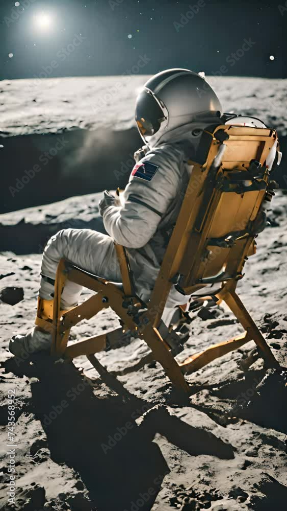 Sticker back view of lunar astronaut resting in a chair on moon background