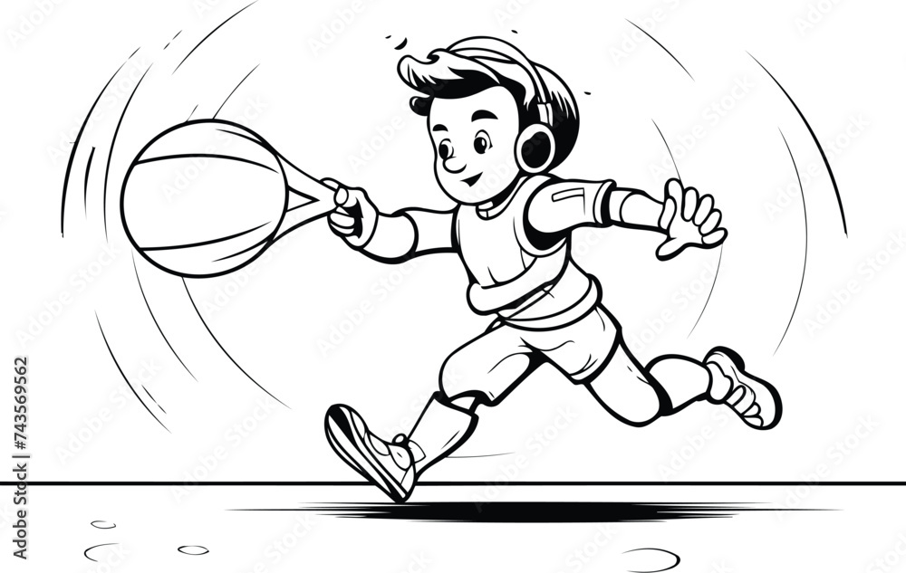 Sticker illustration of a boy playing basketball. vector illustration in black and white