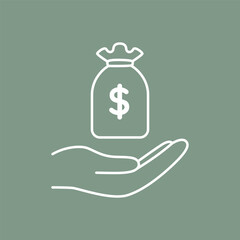 Hand with money bag icon with dollar symbol. Simple vector illustration