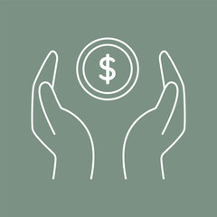 Save money icon. Hands up with coin icon. Line art simple Vector illustration.