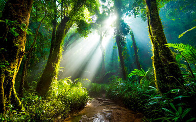tropischer Regenwald im Gegenlicht , KI generiert