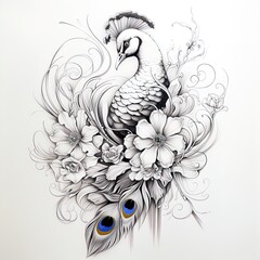 Sketch of a peacock tattoo. T-shirt apparel print design.