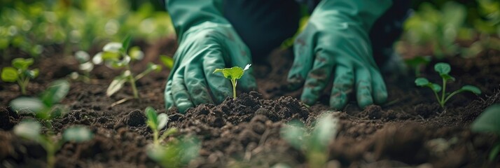 A man wearing green gloves inspects the soil quality. Generative Ai. - obrazy, fototapety, plakaty