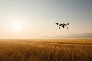 a drone flying over agricultural field, weaving the tapestry of modern farming, a futuristic embrace of technology cultivating sustainable agriculture's promise - obrazy, fototapety, plakaty