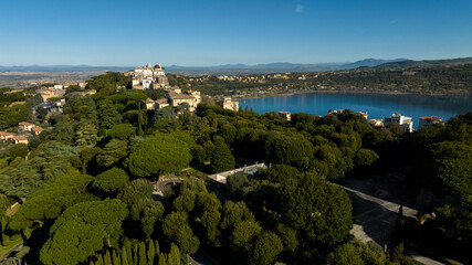 Aerial view of the Papal Palace of Castel Gandolfo, near Rome, Italy. The Apostolic Palace is a complex of buildings served for centuries as a summer residence for the Pope. It overlooks Lake Albano. 