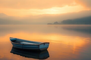 A solitary boat floats on a serene lake at dusk, embraced by the warm hues of the setting sun, whispering tales of solitude and tranquility