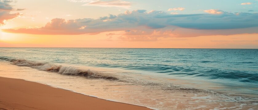 golden tropical sands beach stretch beneath a painted sky, nature's canvas adorned with the tranquil hues of a sunset