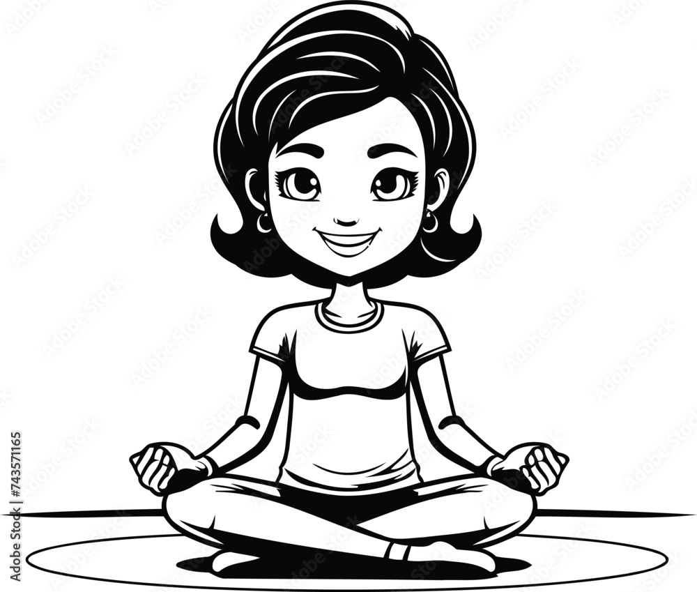 Poster cute little girl meditating in lotus position vector illustration design