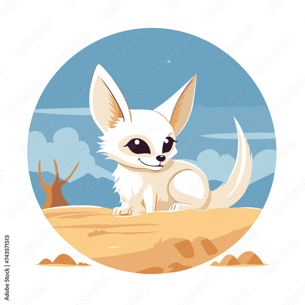 Sticker cute cartoon dog in the desert. vector illustration in a flat style.