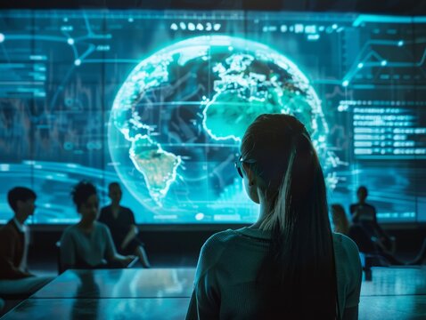 Young Woman Observes Global Network Hologram in High-Tech Operations Room