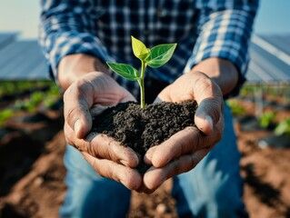Hands Holding Young Plant in Soil Against Agricultural Field Background