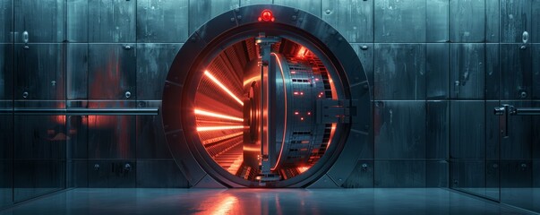 Futuristic Vault Door in Secure Facility with Red Illumination - obrazy, fototapety, plakaty