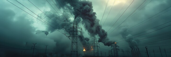 Coal-fired power plants and high-voltage power lines. Generative Ai.