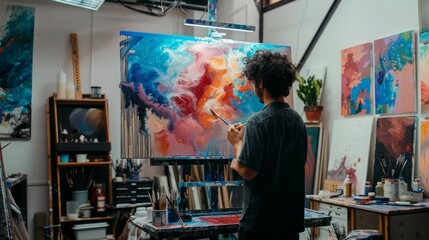 Artist Painting Abstract Artwork on Canvas in Studio Environment