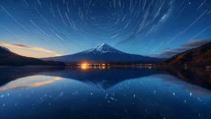 Papier Peint photo Mont Fuji Long exposure stars at night by a lake with fuji mountains in the center in the background