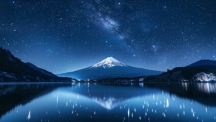 Long exposure stars at night by a lake with fuji mountains in the center in the background