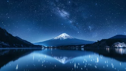 Photo sur Plexiglas Mont Fuji Long exposure stars at night by a lake with fuji mountains in the center in the background