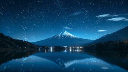 Long exposure stars at night by a lake with fuji mountains in the center in the background